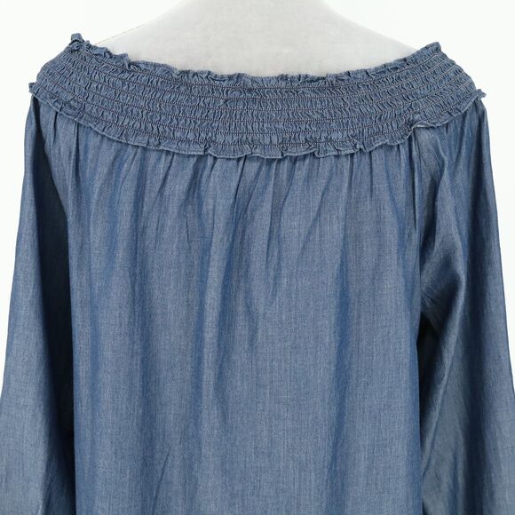 Chicos Top 1 Womens Medium 8 Blue Cotton Off Shoulder Blouse Boho Romantic - Picture 9 of 13